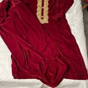 Red velvet shalwar qameez with golden lace. Heavy velvet